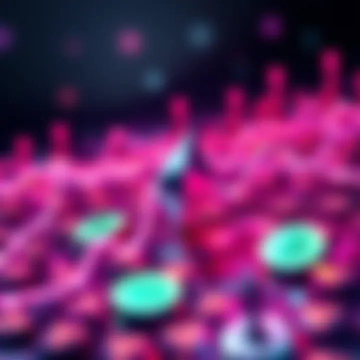 Graphic showing high transaction volume on Ethereum blockchain with digital currency symbols