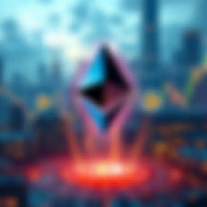 A visual representation of Ethereum's impact on global finance, showing digital currency symbols and financial charts across a futuristic cityscape.