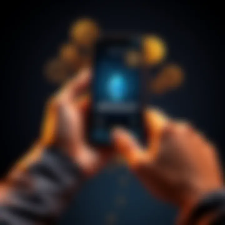 A person holding a smartphone displaying an Ethereum wallet screen with digital coins around it, illustrating cryptocurrency payment methods.