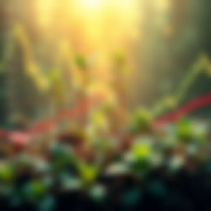 A diverse group of plants growing around stock market graphs, symbolizing sustainable investments.