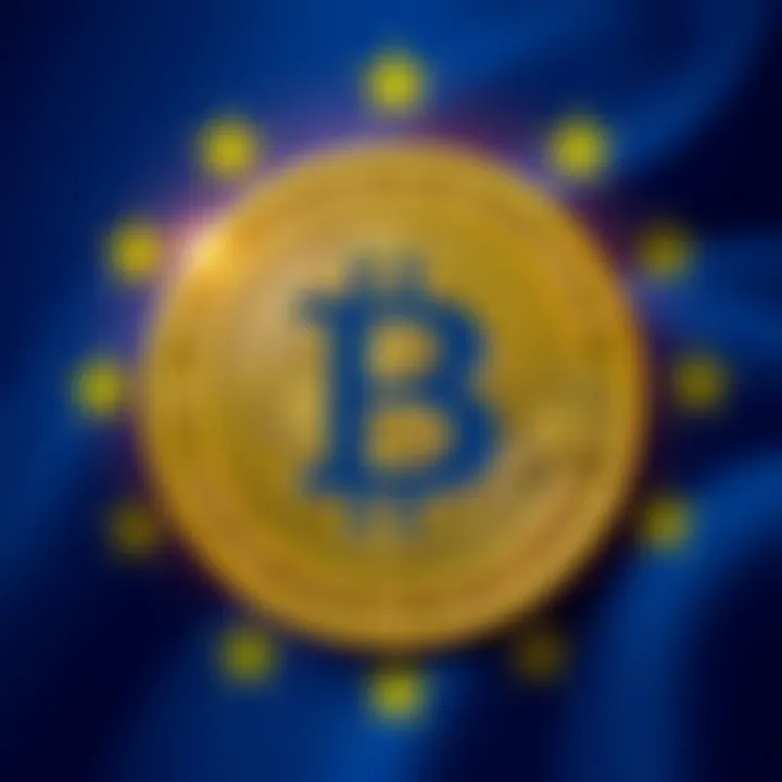 A graphic illustration showing a Bitcoin symbol overshadowed by the European Union flag, symbolizing the EU's disapproval of cryptocurrency.
