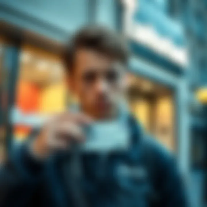 An EU citizen in Switzerland struggles with identification, holding an identity card while looking concerned in front of a bank