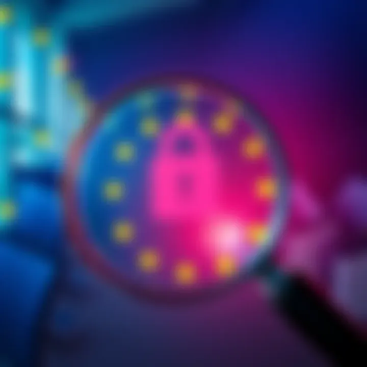A visual representation of EU financial regulations affecting crypto transactions, showcasing a digital money symbol under a magnifying glass with a lock symbol, indicating privacy concerns.