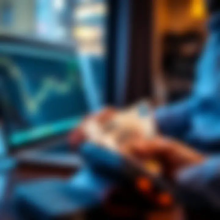 Person using a laptop to deposit Euros into an online exchange with a wallet in the foreground
