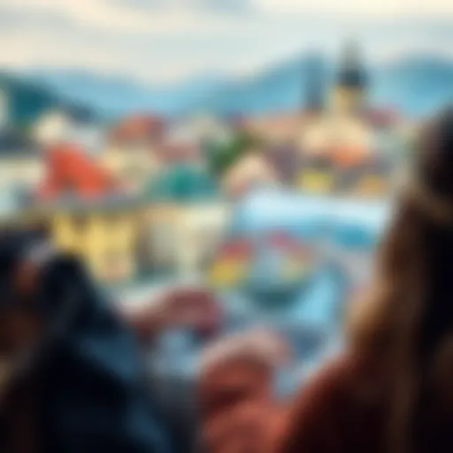 A traveler examines real estate options on a laptop with a view of European landmarks