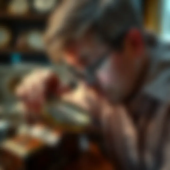 A person examines a vintage heirloom with a magnifying glass, looking for markings or details that indicate its value.