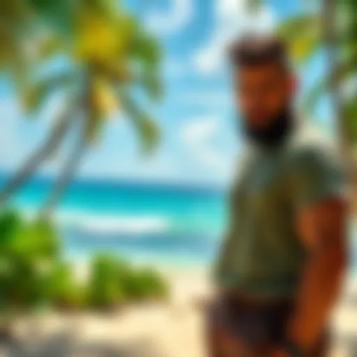 Evil Russel from Survivor stands on a lush green beach in Samoa, with the ocean and palm trees in the background.