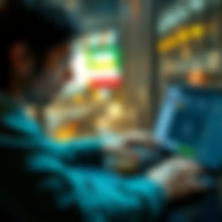 A person using a laptop to exchange money for cryptocurrency, looking focused and determined, with a visible Revolut app on screen.