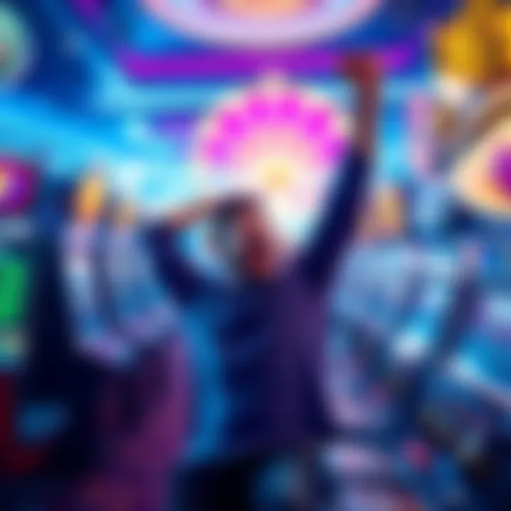 A player joyfully celebrating after hitting a big jackpot on a slot machine, surrounded by bright lights and sounds of victory.