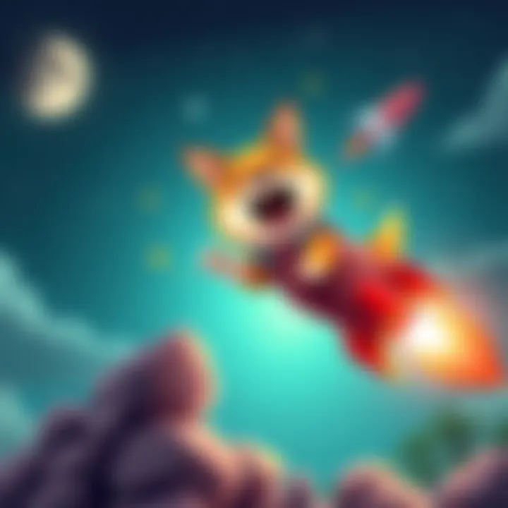 A cartoon dog with a rocket flying into the sky, symbolizing Dogecoin's potential price surge.