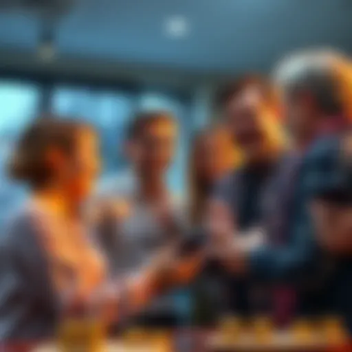 A group of enthusiastic people discussing investments and sharing ideas about half-coins.