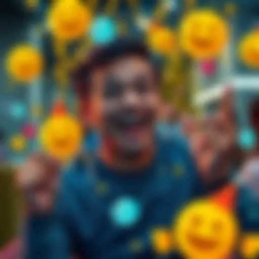 A cheerful person celebrating and expressing excitement in an online conversation, surrounded by festive emojis.