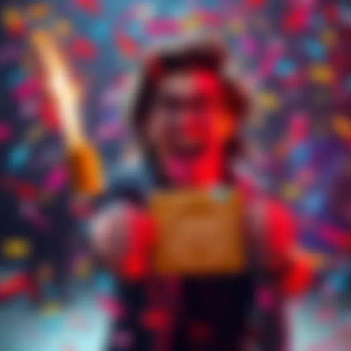 A joyful person smiling while holding a prize with colorful confetti around them