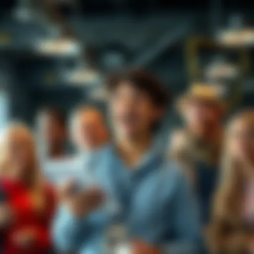 A person with a big smile holding a notebook, ready to share valuable insights with a group of engaged people around them.