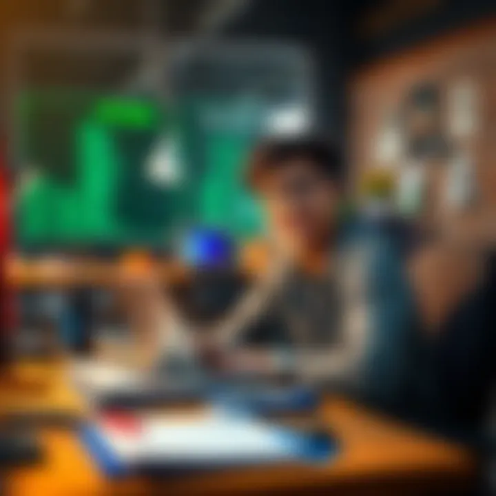 A first-year student enthusiastically inviting others to join online hackathons. The student is sitting at a desk with a laptop, surrounded by coding books and notes, looking engaged and ready to coll...