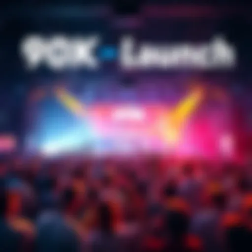 A vibrant scene of people gathering with excitement for the 90K launch event, showcasing banners and enthusiasm.