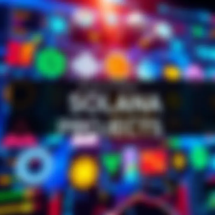 Colorful graphic displaying various Solana project logos and symbols with a tech theme