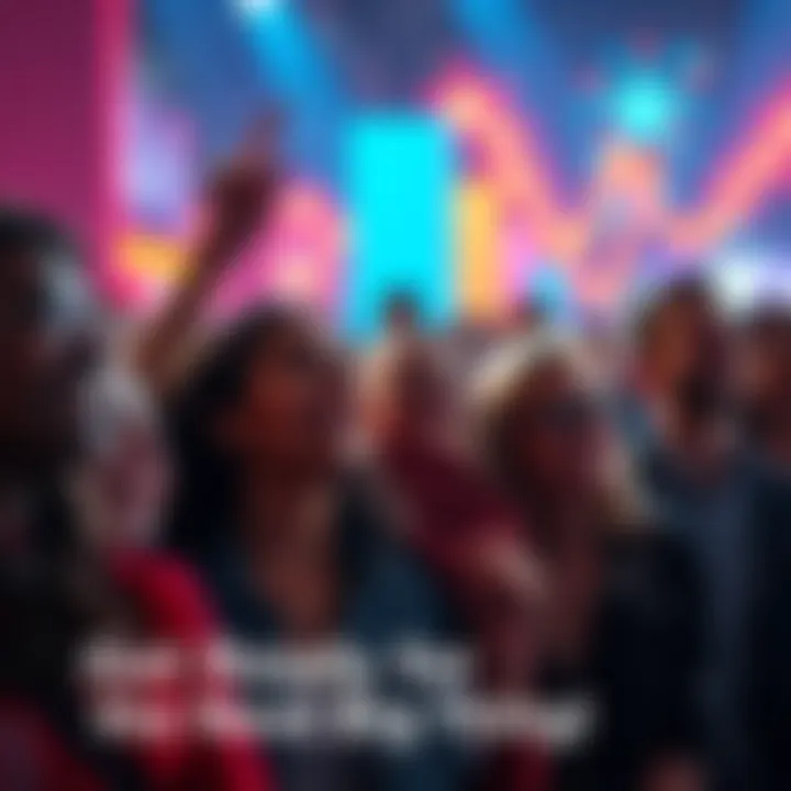 A group of diverse people eagerly waiting for an important announcement, showing anticipation and excitement in their expressions, with colorful graphics in the background.