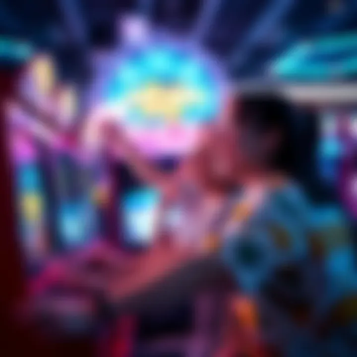 Gamers celebrating their wins at an arcade with bright screens and joyful expressions