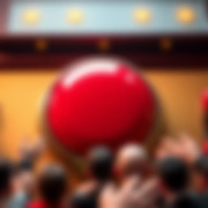 Exciting Button A close-up view of a shiny, red button surrounded by people discussing its potential impact.
