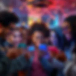 A diverse group of people excitedly using a new technology feature on their devices, showcasing smiles and interaction