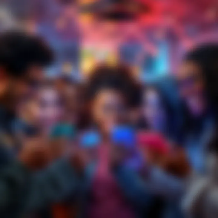 A diverse group of people excitedly using a new technology feature on their devices, showcasing smiles and interaction