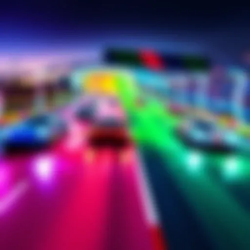 A colorful racing game scene featuring cars on a vibrant track