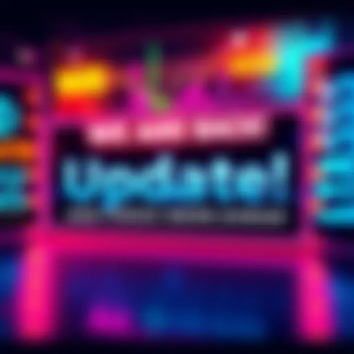 A vibrant banner showcasing updates with colorful graphics and bold text announcing fresh news and stories.