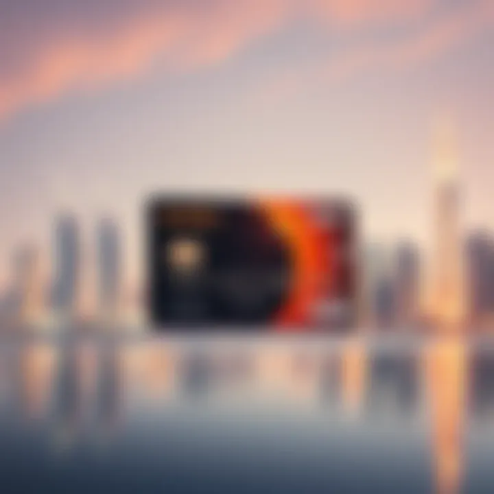 A close-up of an Exodus Pay card against the backdrop of a UAE city skyline, showcasing the anticipated launch in the region.