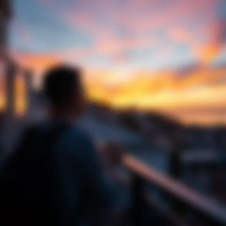 ExpatFIRE Lifestyle A person enjoying a sunset view from a balcony in a foreign country, symbolizing the expatFIRE lifestyle and financial independence.