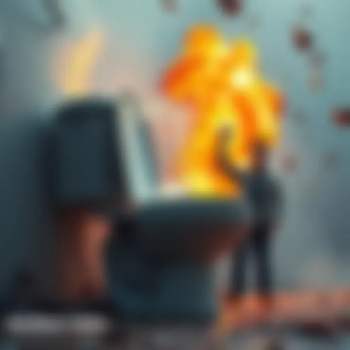 A dramatic view of a toilet exploding, with water and debris flying in all directions, while a surprised person stands nearby, seemingly unharmed.