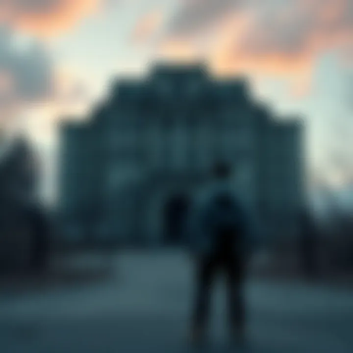 An explorer stands in front of an old communist-era building, listening to strange sounds coming from inside.