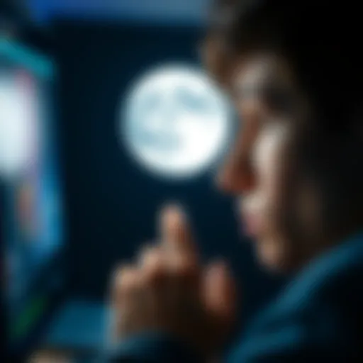 A person looking at a digital representation of the Moon Node on a screen, with curiosity in their expression.