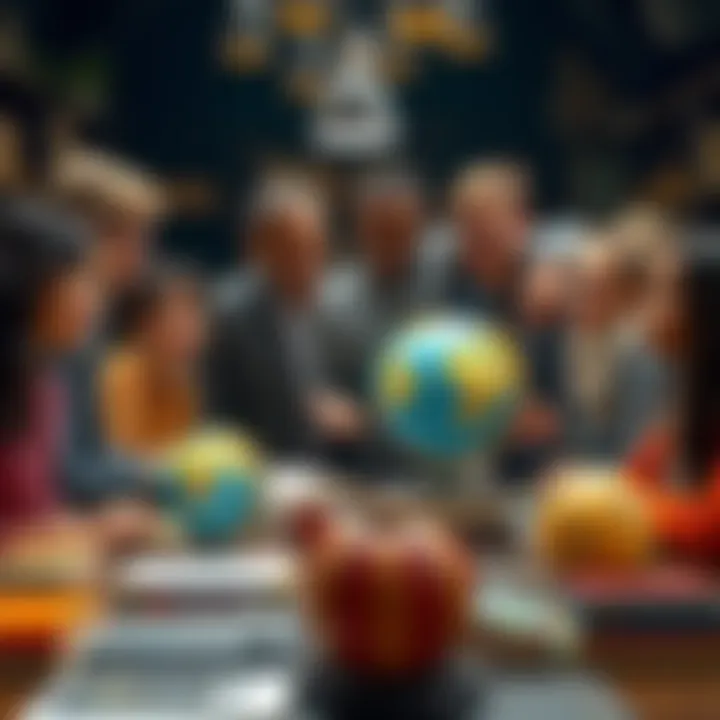 A group of diverse people engaging in discussion around a table filled with books and globes, showcasing curiosity and interest in various subjects.