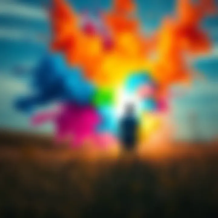 A person standing in a field experiencing a burst of colorful emotions represented by swirling colors around them.