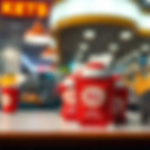 Several ketchup packets stacked on a fast food table with fries in the background