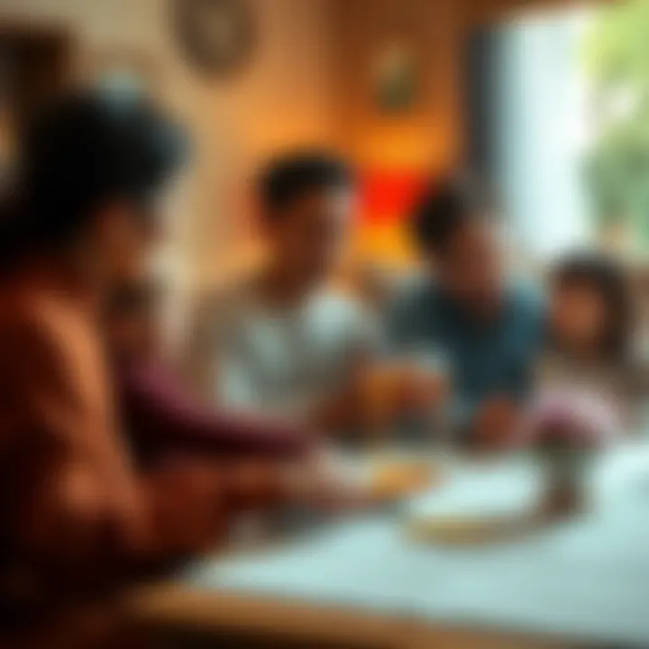 Family discussing Bitcoin investment A family gathered around a table, discussing their future plans and the impact of a Bitcoin investment, looking thoughtful and engaged.