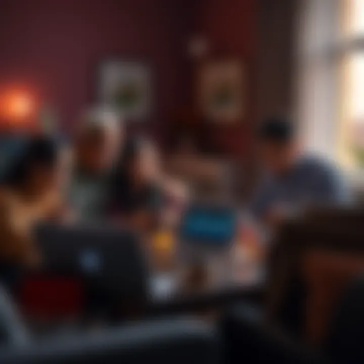 A family gathered around a table, chatting about cryptocurrency investments, with laptops and phones displaying graphs of volatile assets, highlighting the clash of traditional and modern investment approaches.