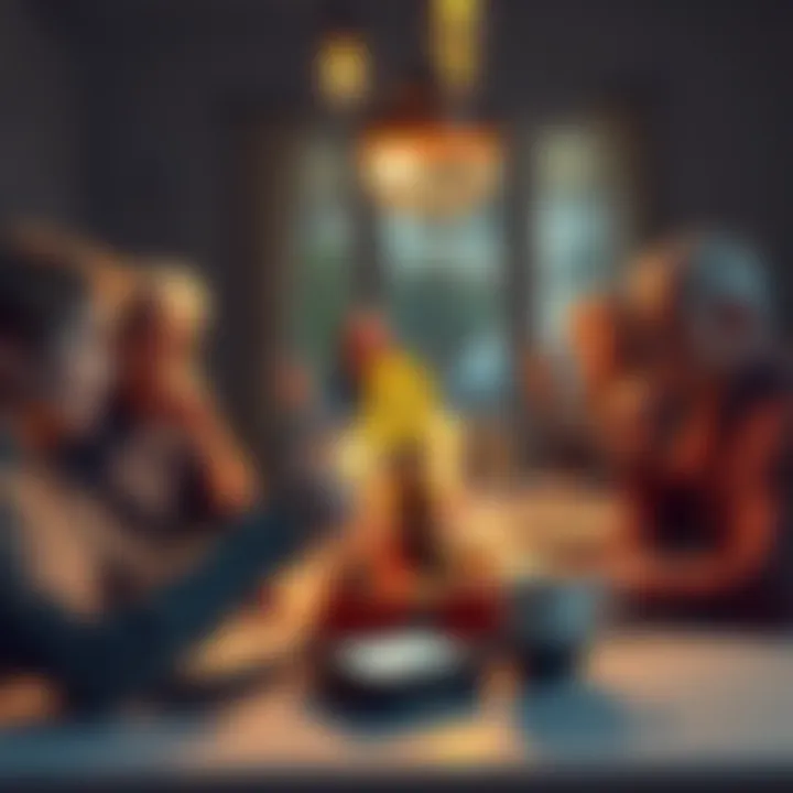 A person awkwardly explaining Bitcoin to confused family members during dinner, with a hardware wallet on the table as a potential gift.