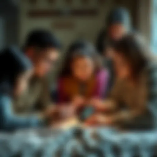 A family gathering around a Trezor 3 device, discussing how to share Bitcoin access securely with each other, highlighting the importance of communication and planning for the future.