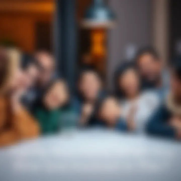 A family gathered around a table, displaying various expressions of surprise, concern, and laughter as they discuss a new venture of one member