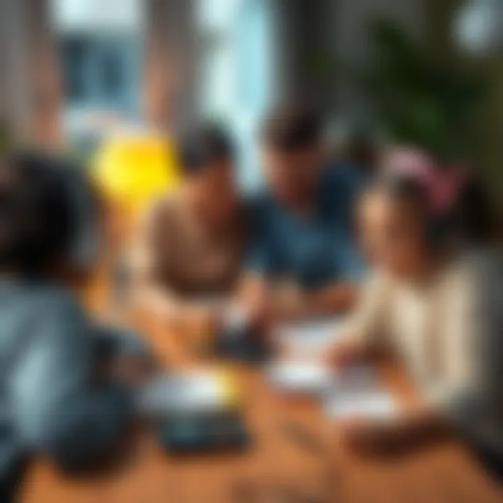 A family gathered around a table, discussing their savings goals with notebooks and a calculator in front of them.