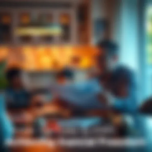 A married father is reviewing financial plans at a table surrounded by family photos, reflecting on work-life balance and future goals.