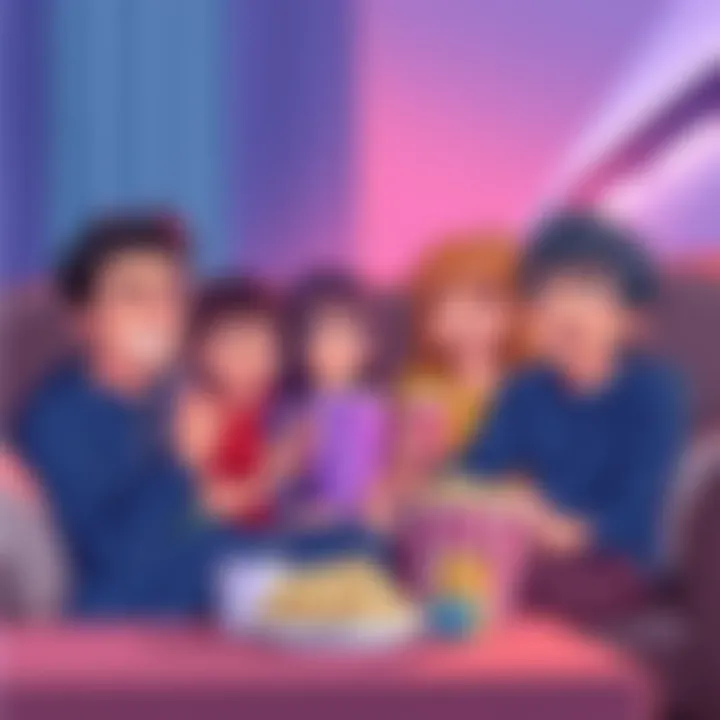 A family of four enjoying a wholesome anime show together on the couch, with smiles and popcorn.