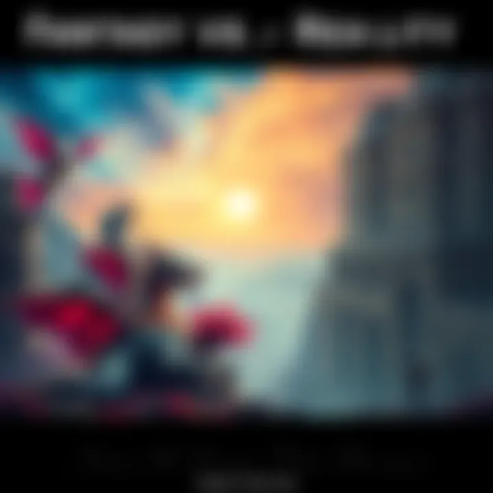 A split image showing a vibrant fantasy world on one side with colorful creatures and landscapes, and a dull, everyday reality on the other side with a gray city scene and people going about their day.