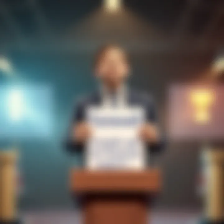 Farewell Announcement with Financial Request A person standing at a podium giving a farewell speech while holding a sign asking for financial support.