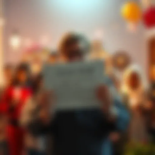 A person holding a heartfelt letter in front of a warm gathering of friends and community members, sharing memories and expressing gratitude.