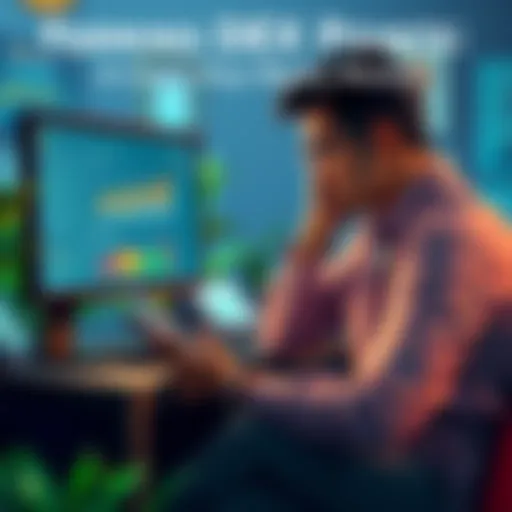 Person sitting with a calculator and charts, looking frustrated at a computer screen displaying crypto farming results