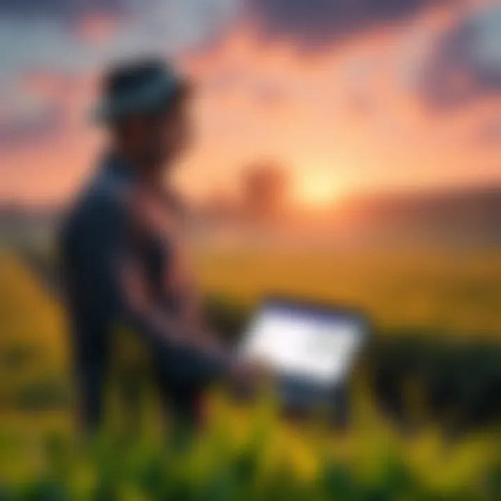 A farmer standing in a field with a laptop, showing satellite data and farm registration details on Cardano.