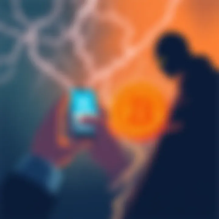 An illustration showing a person using a smartphone to make a Bitcoin transaction through the Revolut app, with Lightning symbols indicating speed and efficiency, while a shadowy figure representing f...